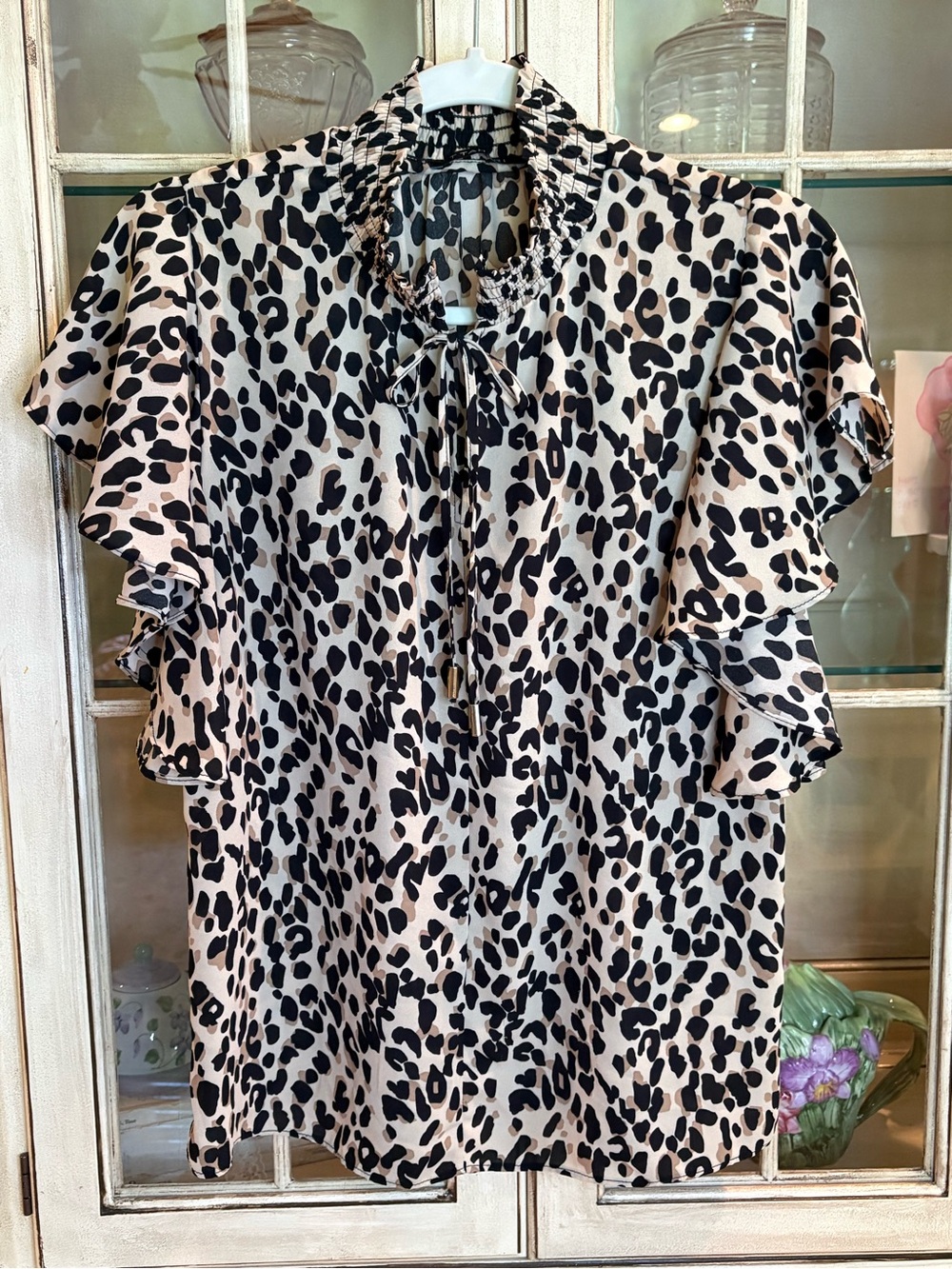 T Tahari Black, Cream, and Tan Leopard Ruffle Tie-Neck Blouse
